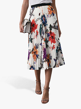 Reiss Mya Bold Floral Print Pleated Skirt, White/Multi