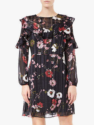 Adrianna Papell Floral Lurex Ruffle Sleeve Dress, Black/Red/Multi
