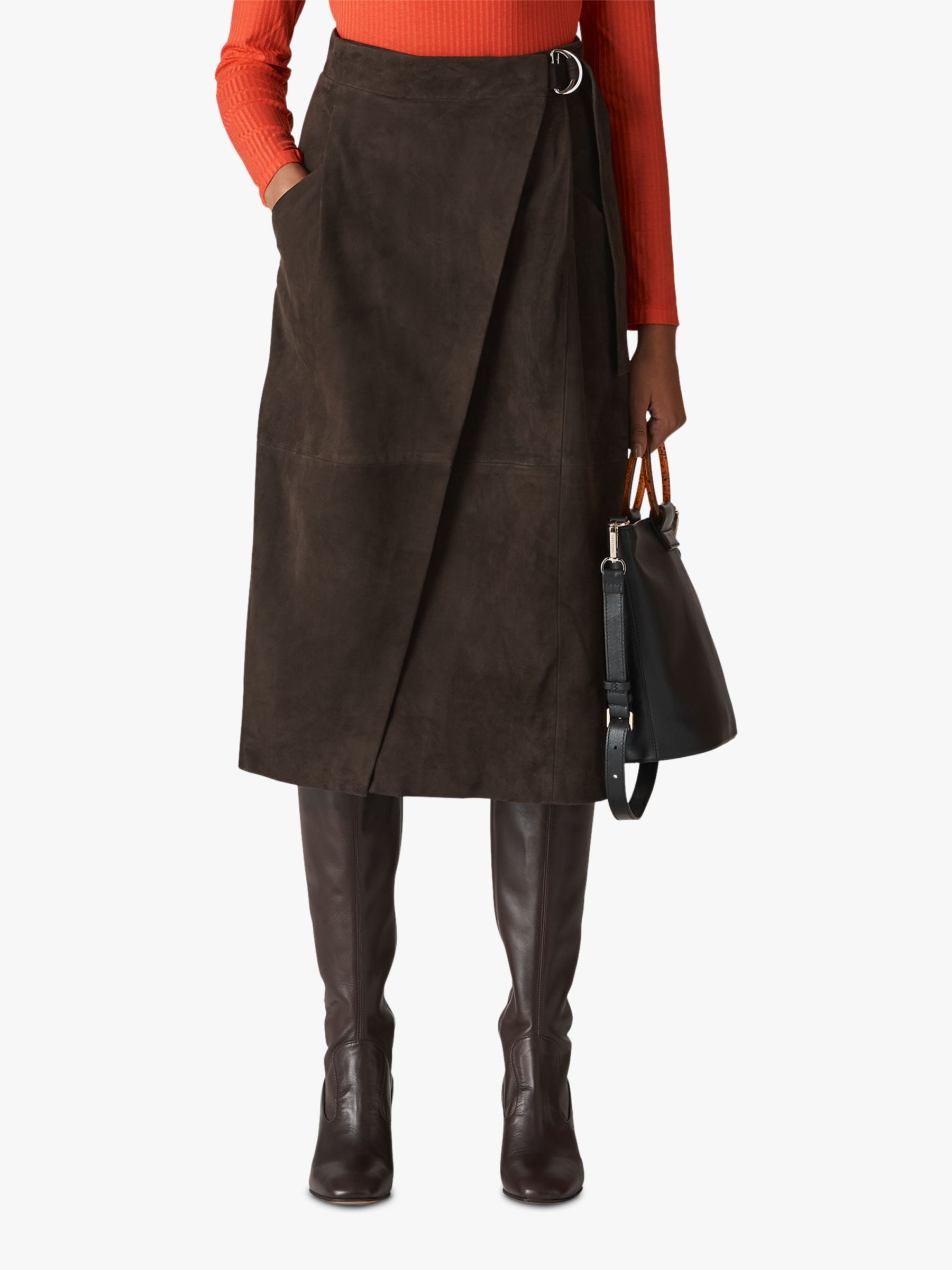 Whistles Suede Wrap Midi Skirt, Chocolate