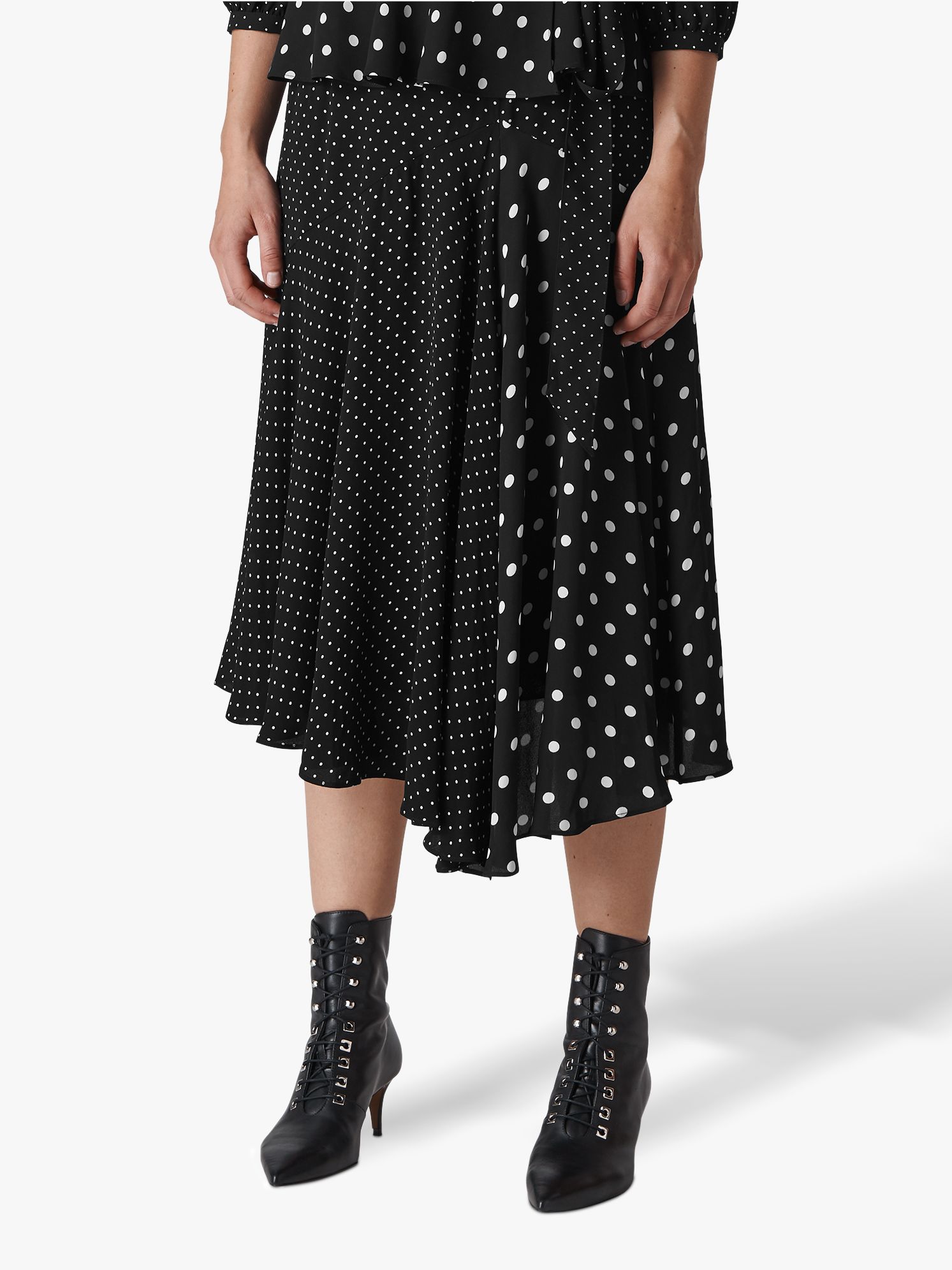 Whistles Spot Print Asymmetric Skirt, Black/White