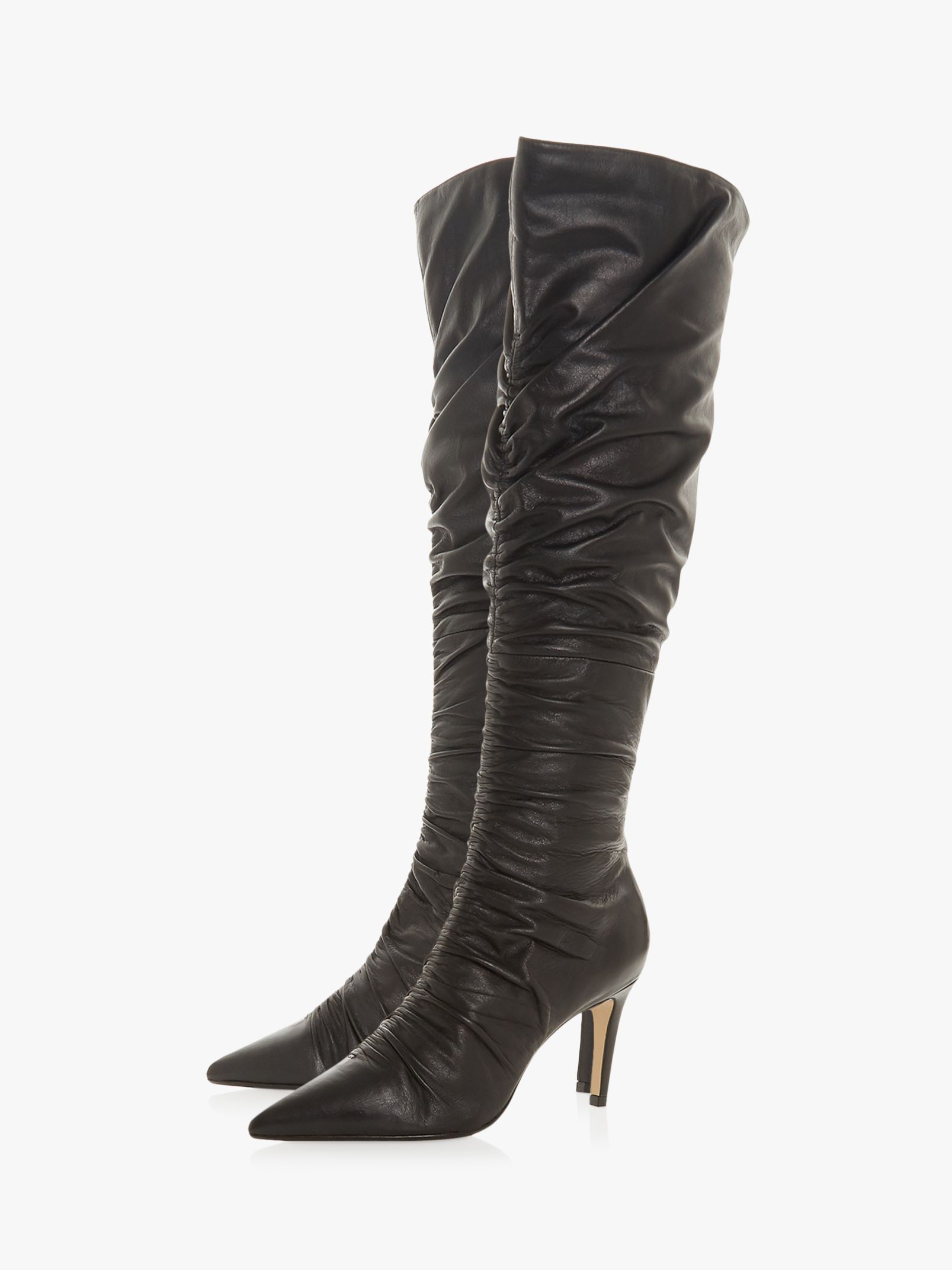 Dune Sabini Ruched Point Stiletto Heel Long Boots | Black Leather at ...