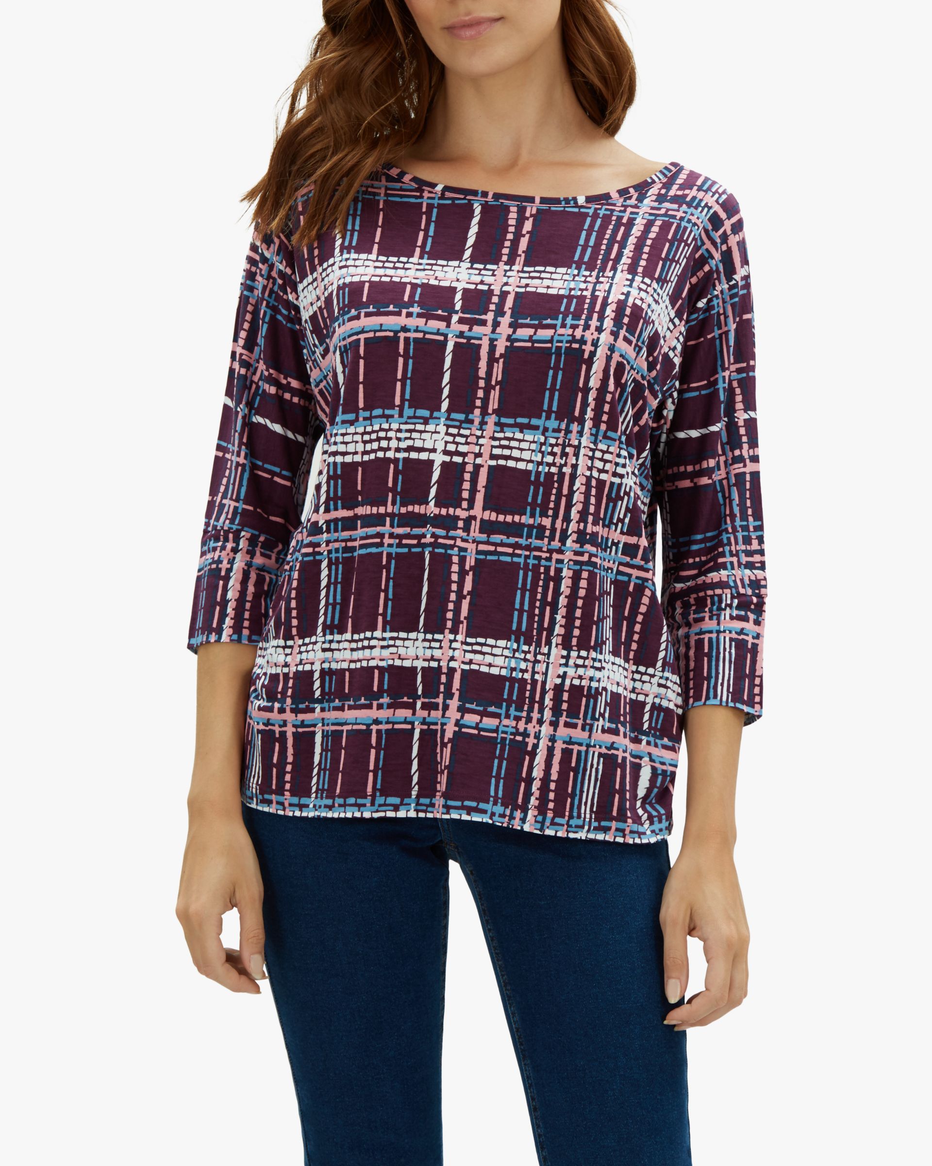 Jaeger Graphic Check Batwing Sleeve Jersey Top, Plum