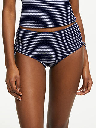 John Lewis & Partners Textured Stripe Ruched Bikini Shorts, Navy/White
