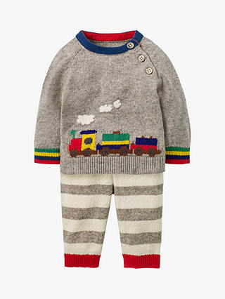 Mini Boden Baby Knitted Train Jumper and Legging Set, Grey Marl Rainbow
