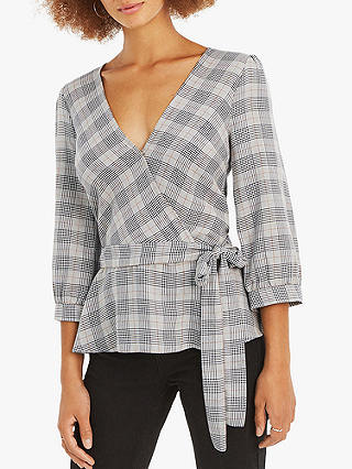 Oasis Prince of Wales Check Wrap Top, Grey/Multi