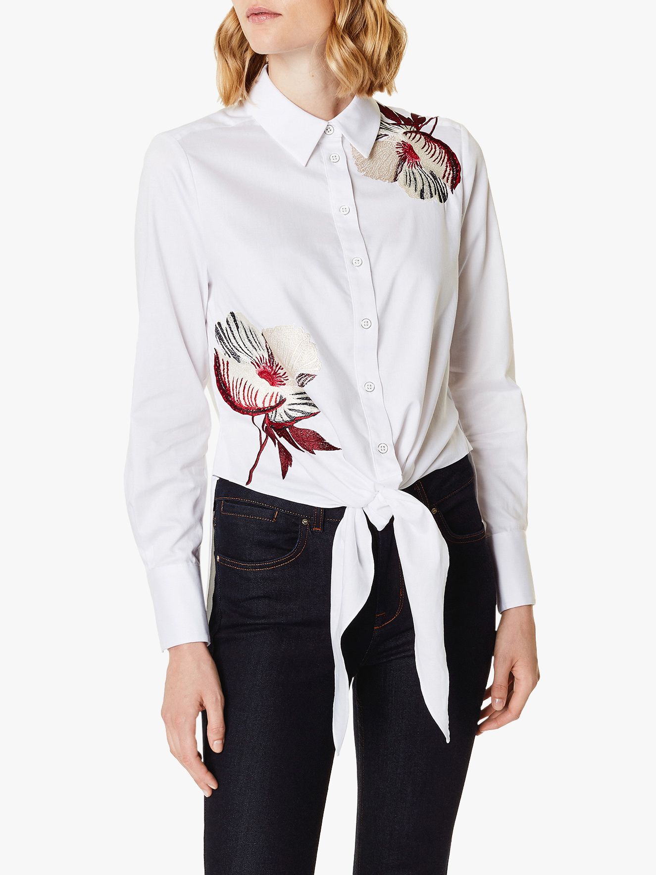 Karen Millen Bird Embroidered Tie Hem Shirt, White/Multi