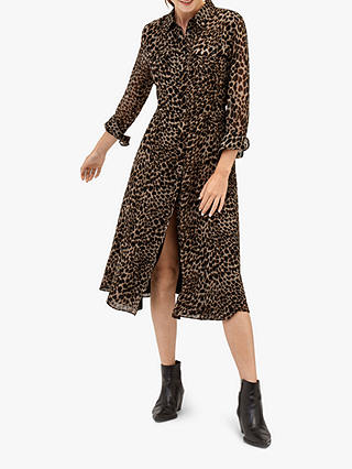 Warehouse Leopard Print Midi Shirt Dress, Brown