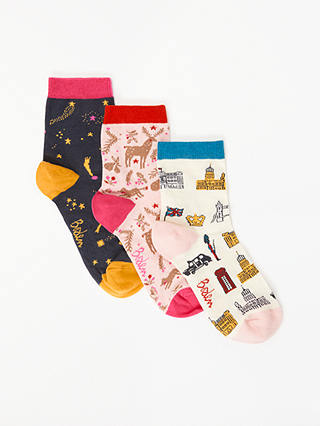 Boden Novelty Print Ankle Socks, Pack of 3, Multi Christmas
