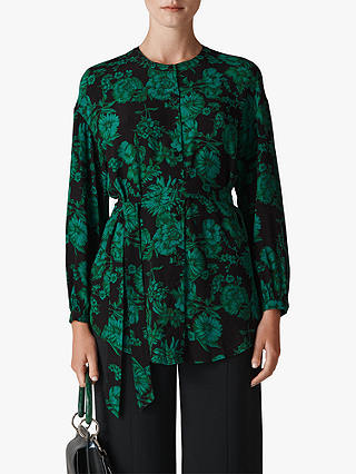 Whistles Floral Tie Waist Tunic Blouse, Green/Multi