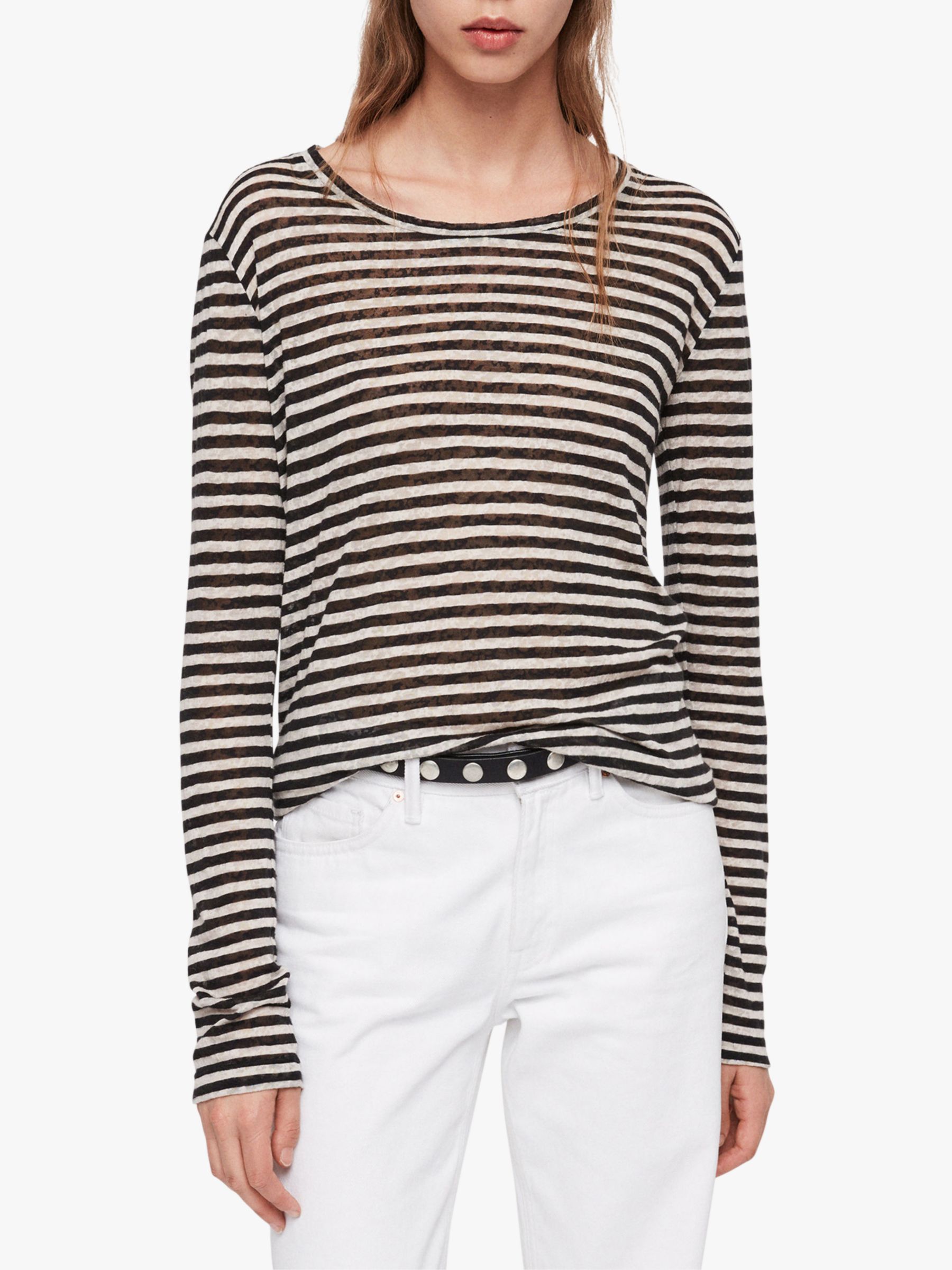 AllSaints Esme Long Sleeve Stripe T-Shirt, Black/Chalk White