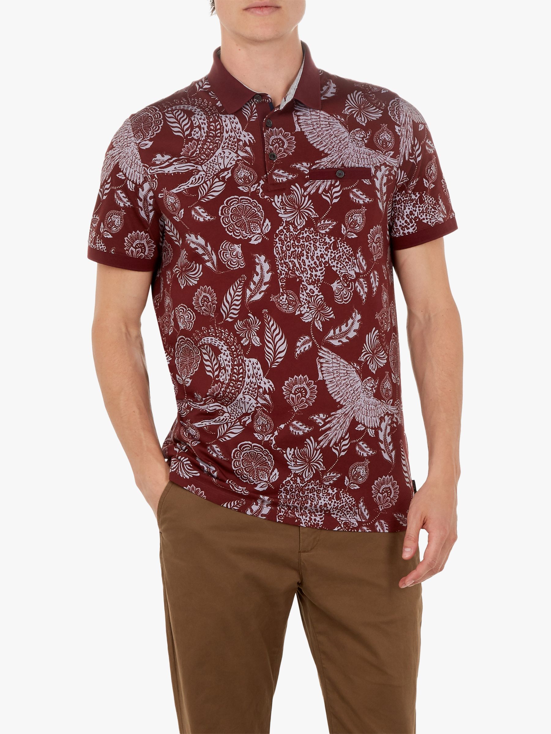Ted Baker Colabot Floral Print Polo Shirt, Dark Red
