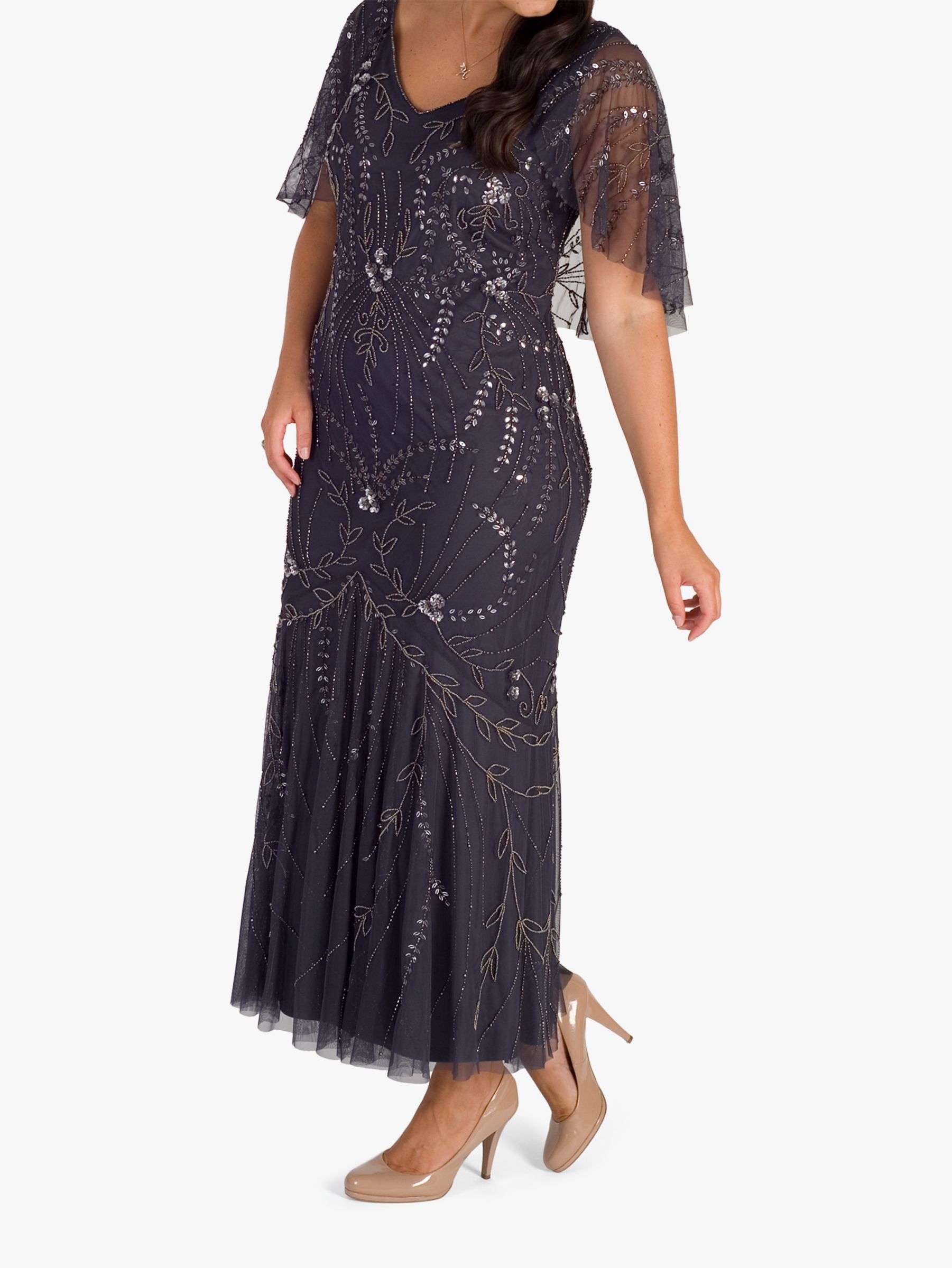 Chesca Cape Trim Beaded Mesh Dress, Pewter at John Lewis & Partners