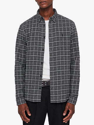 AllSaints Amos Flannel Long Sleeve Check Shirt, Grey Marl