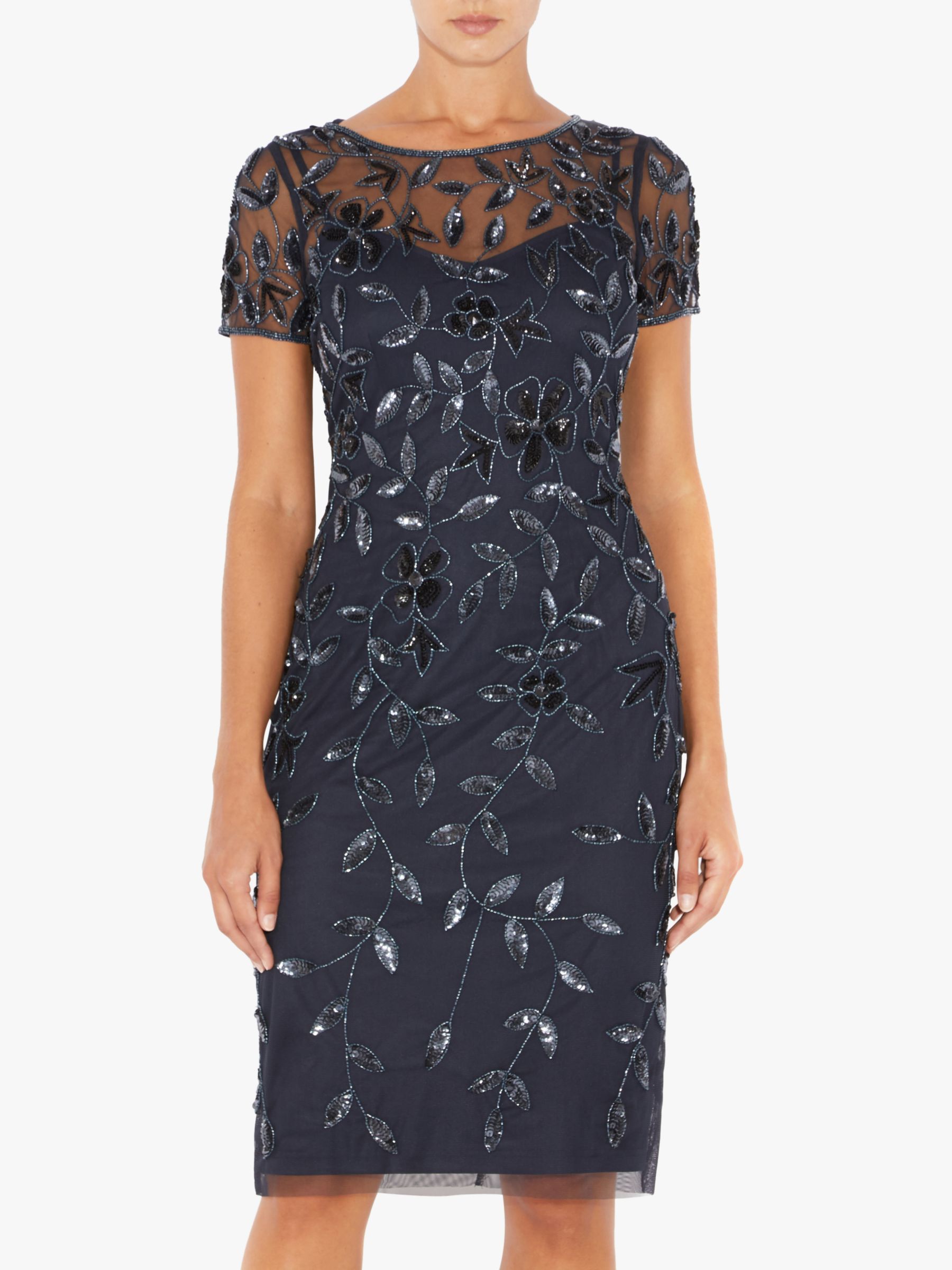 Adrianna Papell Short Sleeve Beaded Floral Dress Blue At John Lewis And Partners