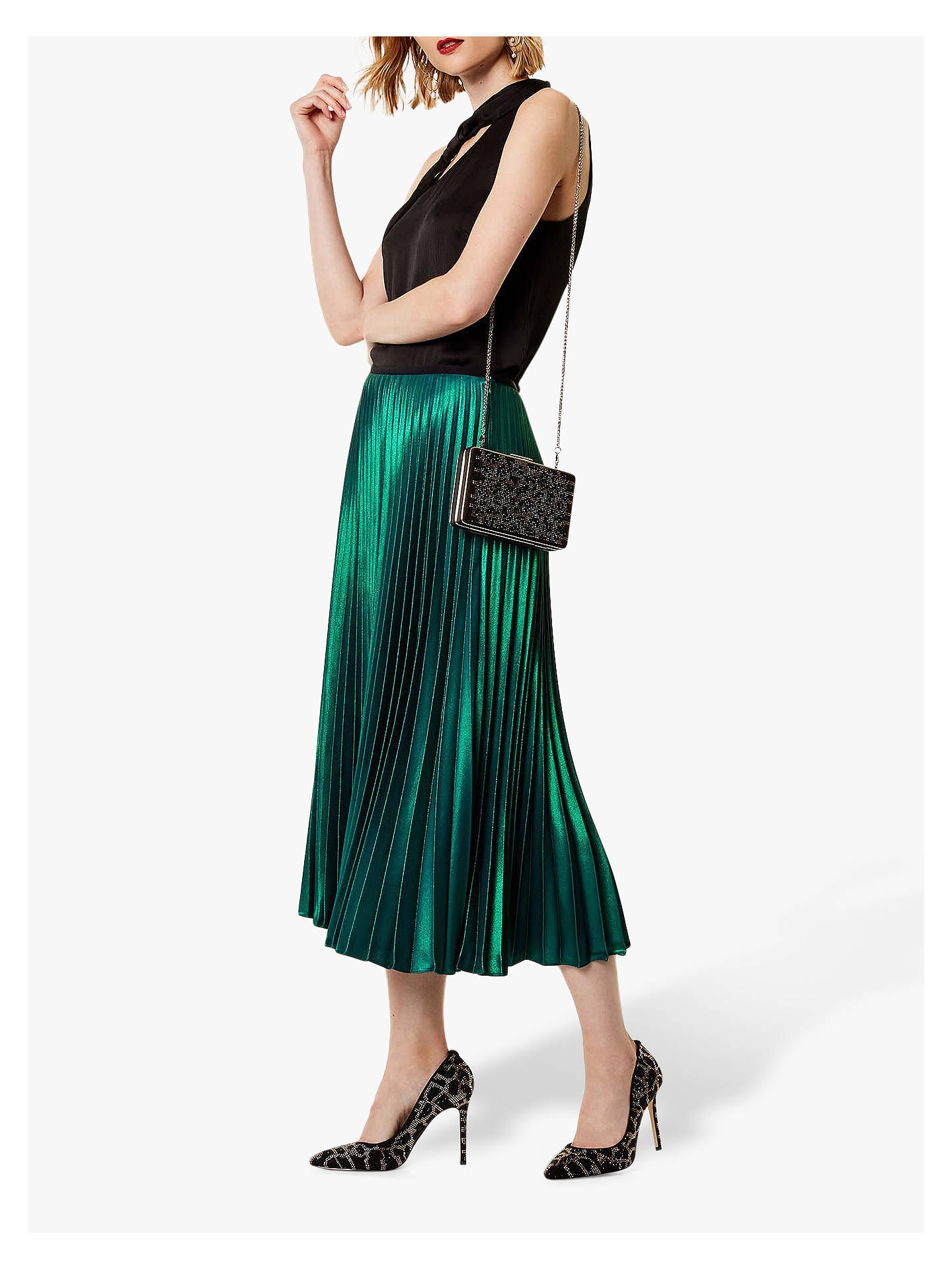 Karen Millen Metallic Pleated Skirt, Dark Green at John Lewis & Partners