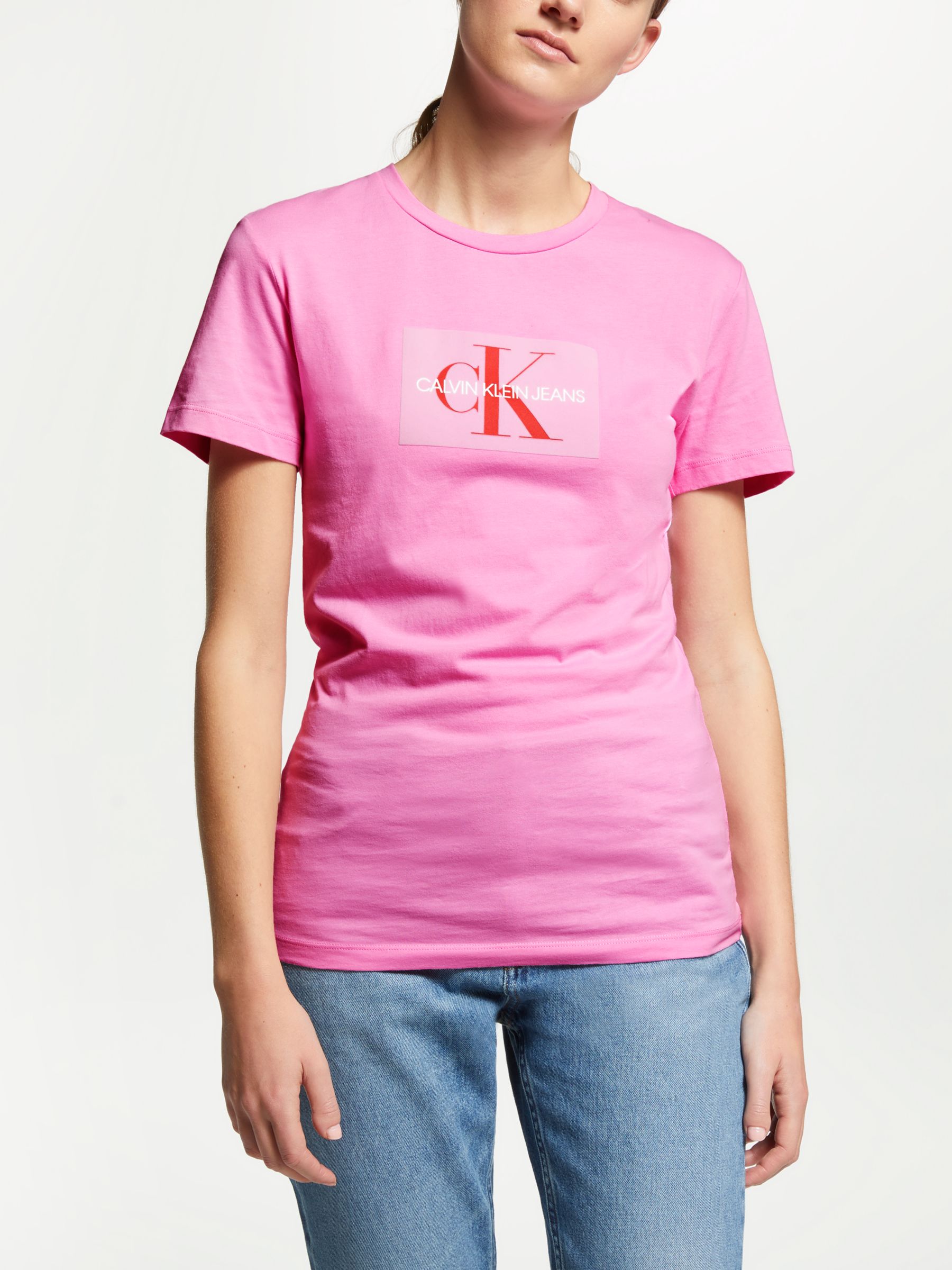 Calvin Klein Jeans Flock Monogram Logo T-Shirt, Begina Pink/Racing Red