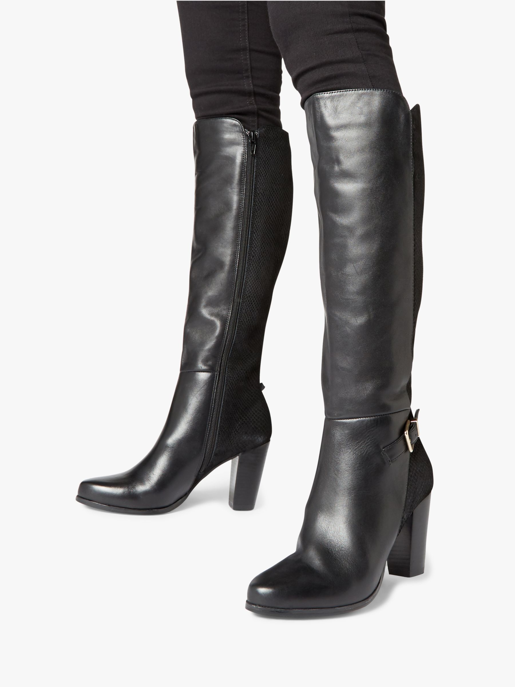 leather block heel knee high boots