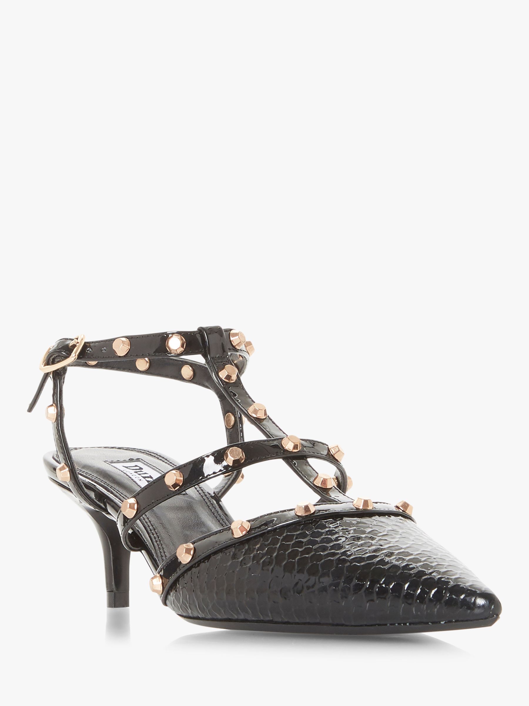 Dune Castelo Studded Strap Kitten Heel Court Shoes, Black Leather