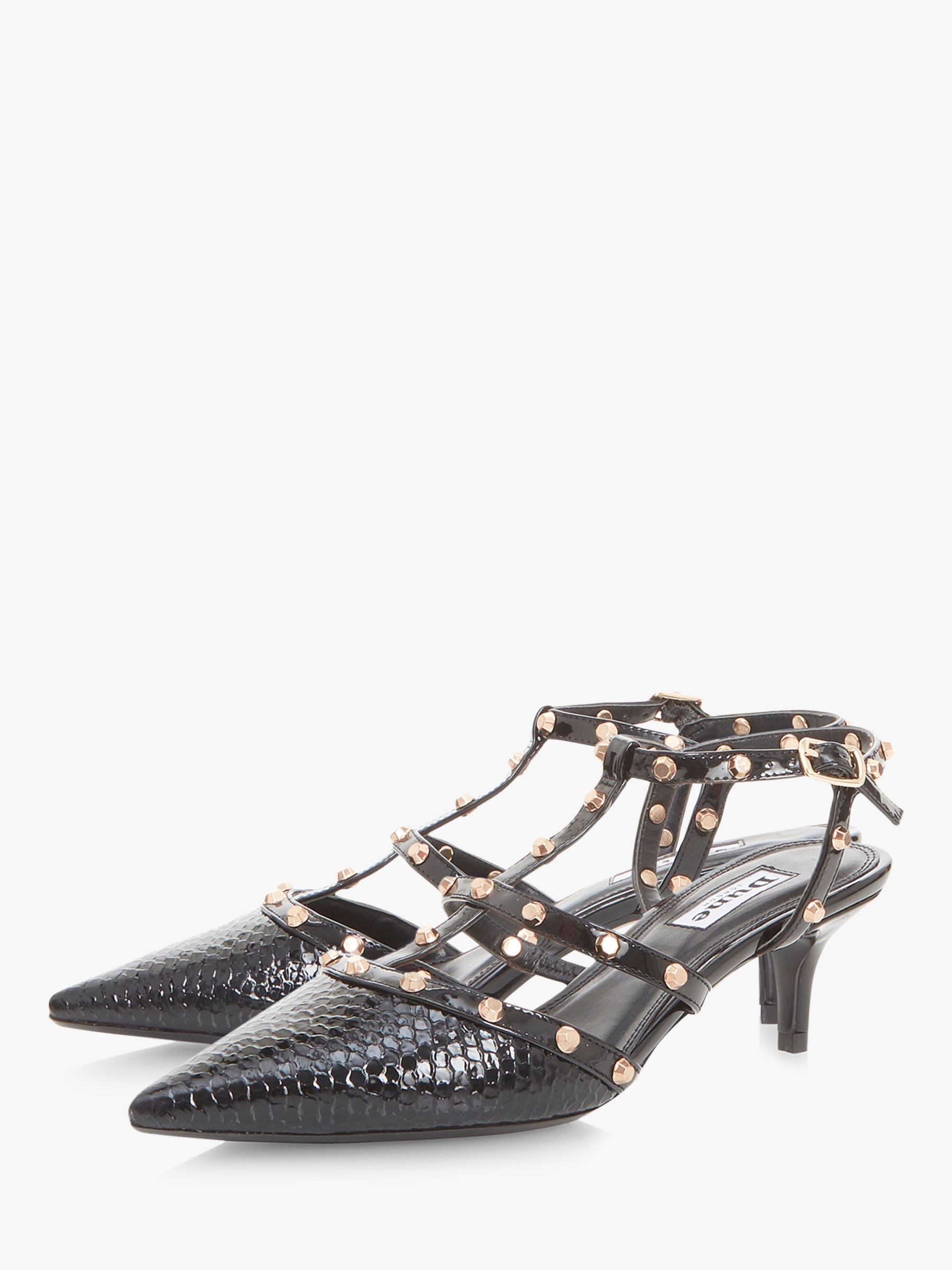 Dune Castelo Studded Strap Kitten Heel Court Shoes, Black Leather