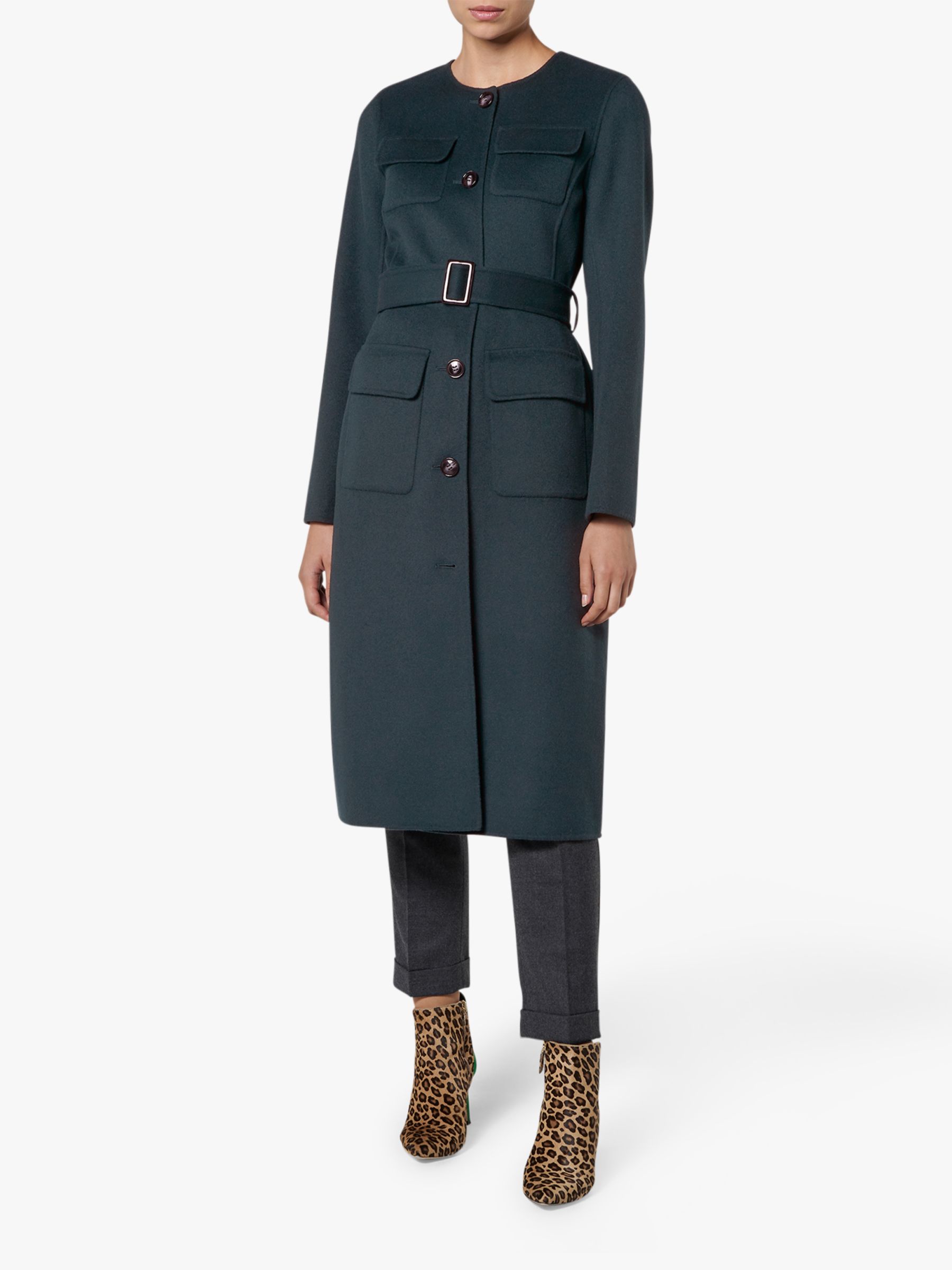 L.K.Bennett Audry Belt Detail Collarless Coat, Green