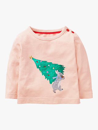 Mini Boden Baby Festive Christmas Tree Appliqué T-Shirt, Provence Dusty Pink