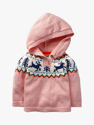 Mini Boden Baby Reindeer Fairisle Knitted Hoodie, Vintage Pink
