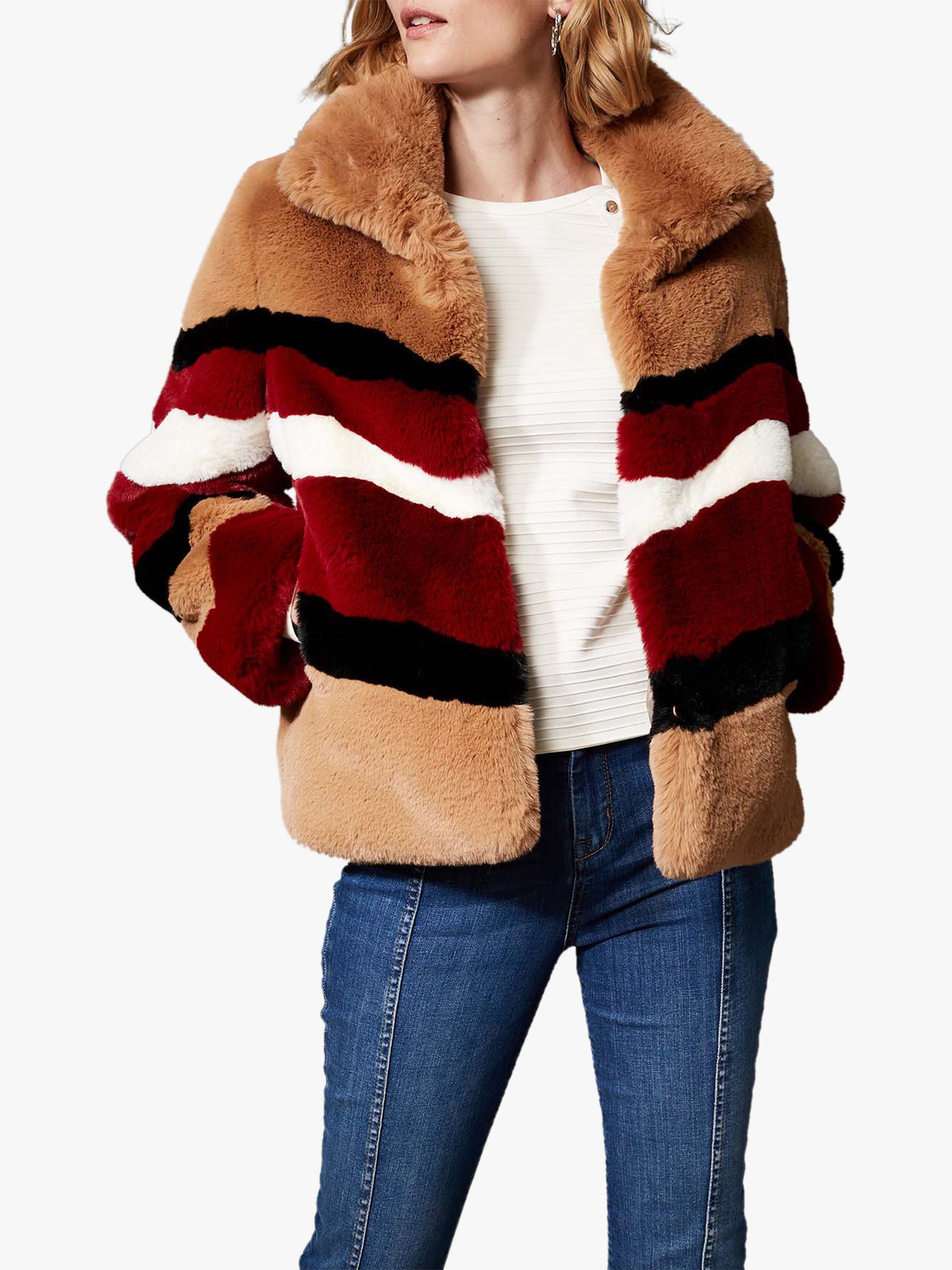 Karen Millen Faux Fur Colourblock Coat, Multi, 14