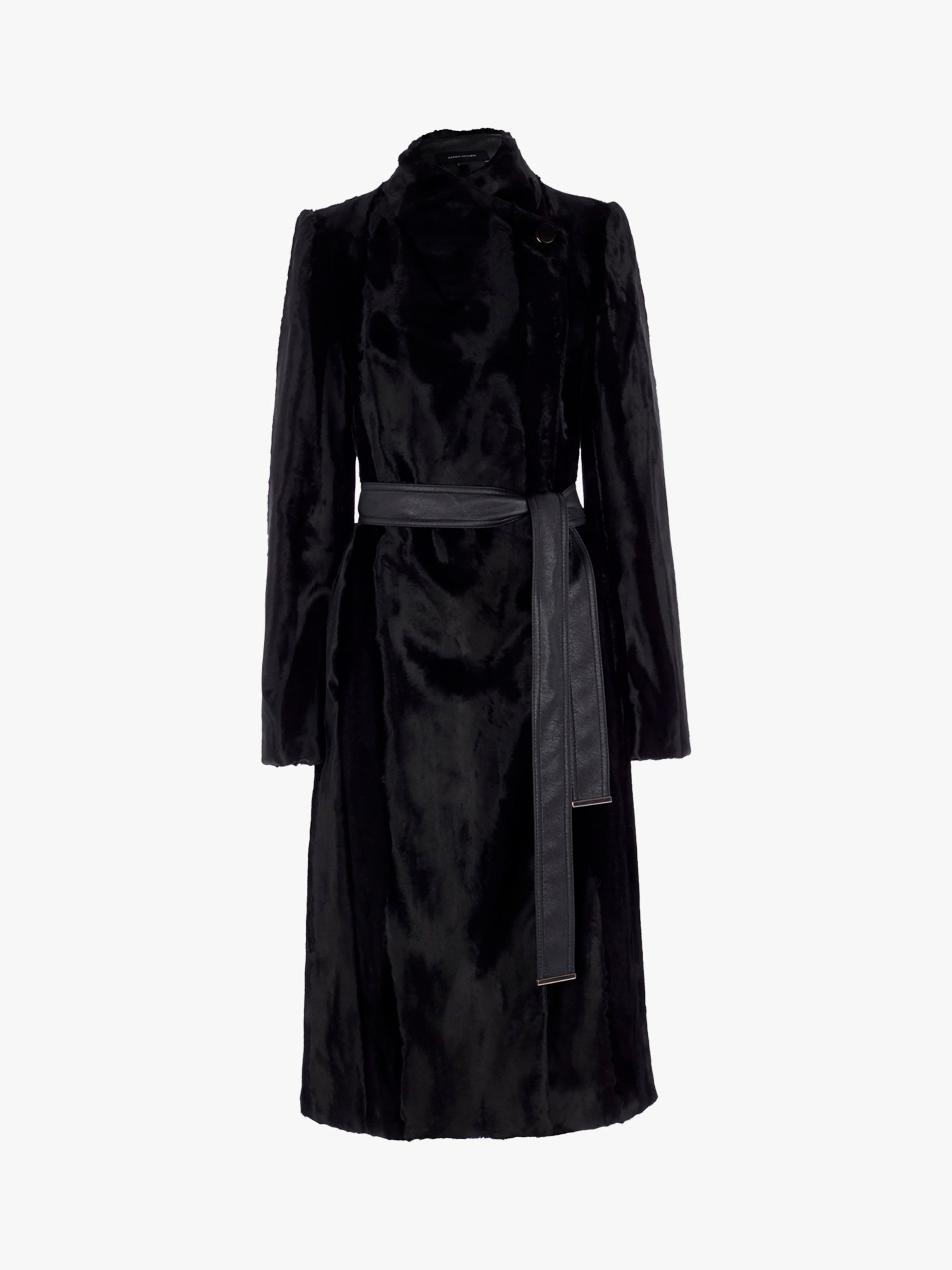 Karen Millen Textured Faux Ponytail Longline Coat, Black, 6