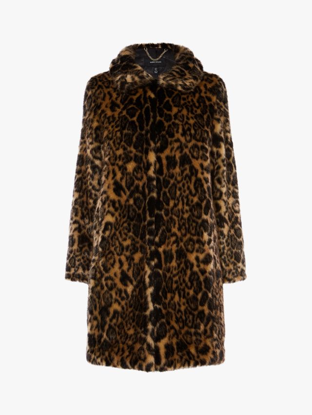 Karen Millen Longline Animal Print Faux Fur Coat, Leopard Print, 6