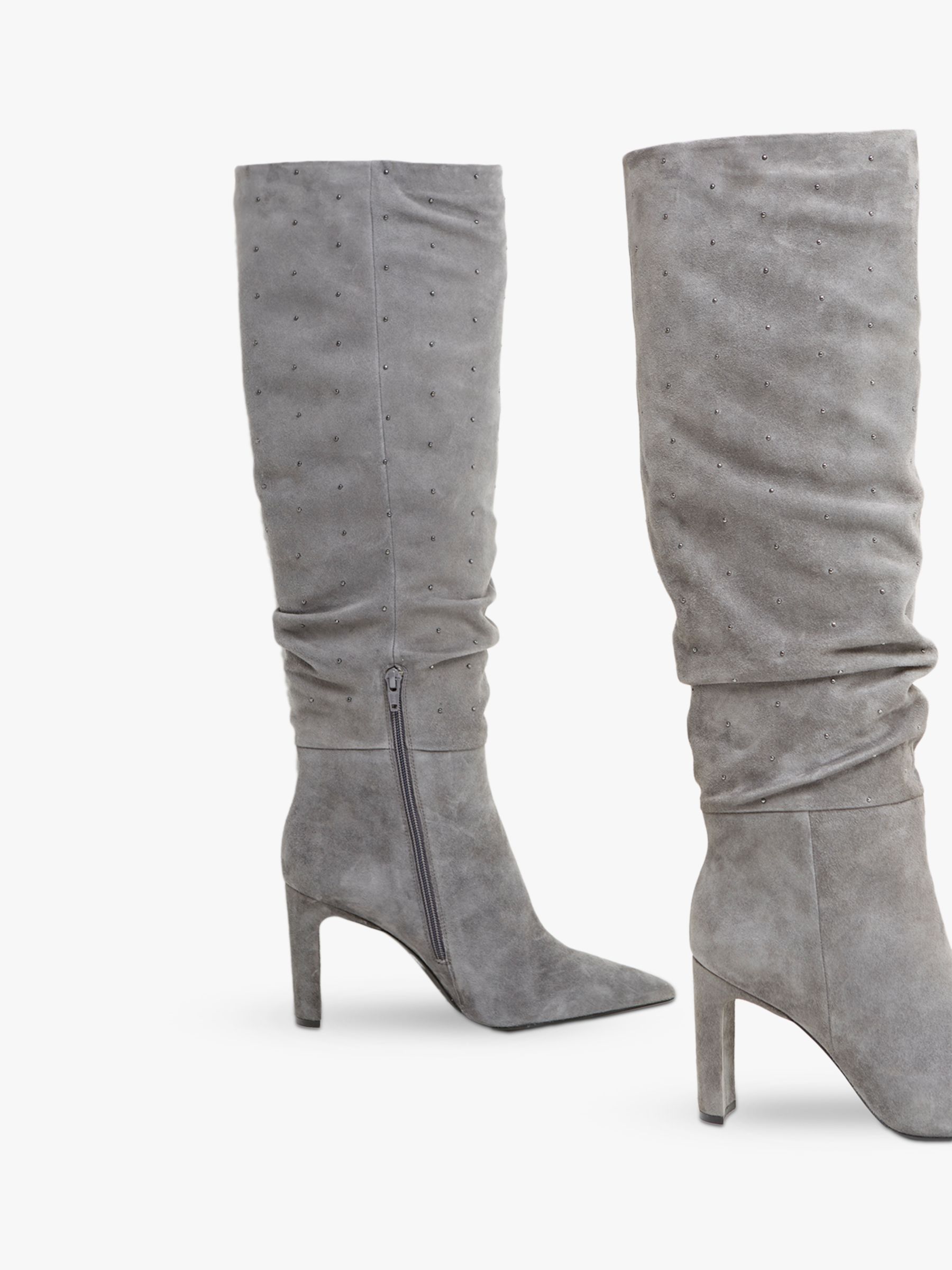 grey suede knee high heel boots