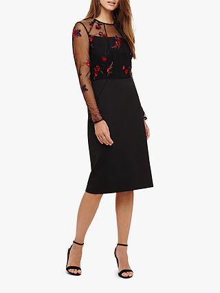 Phase Eight Felice Embroidered Dress, Black/Scarlet