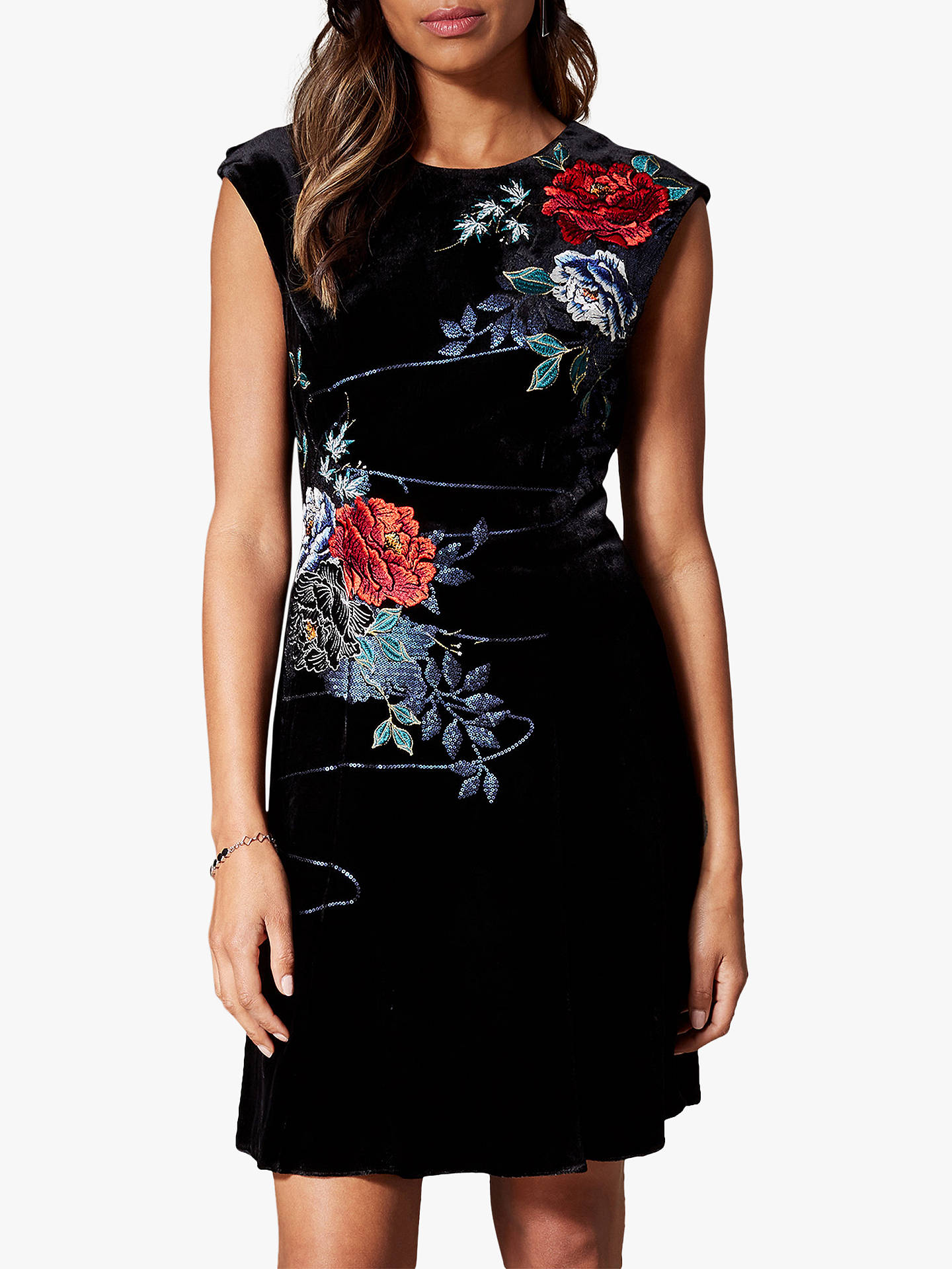 Karen Millen Floral Velvet Mini Dress, Black/Multi at John Lewis & Partners