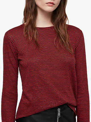 AllSaints Esme Long Sleeve Stripe T-Shirt, Red/Black
