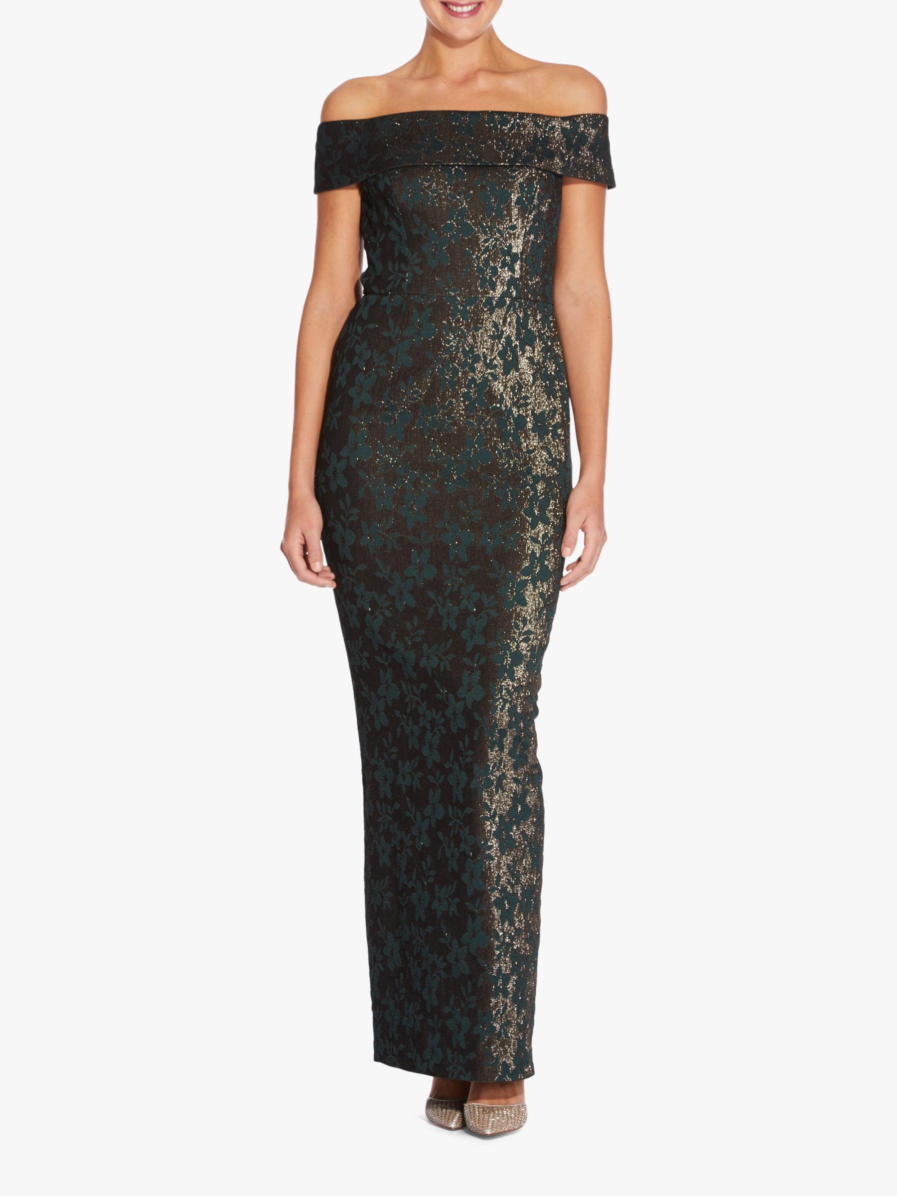 Adrianna Papell Off Shoulder Jacquard Dress, Hunter Green/Gold