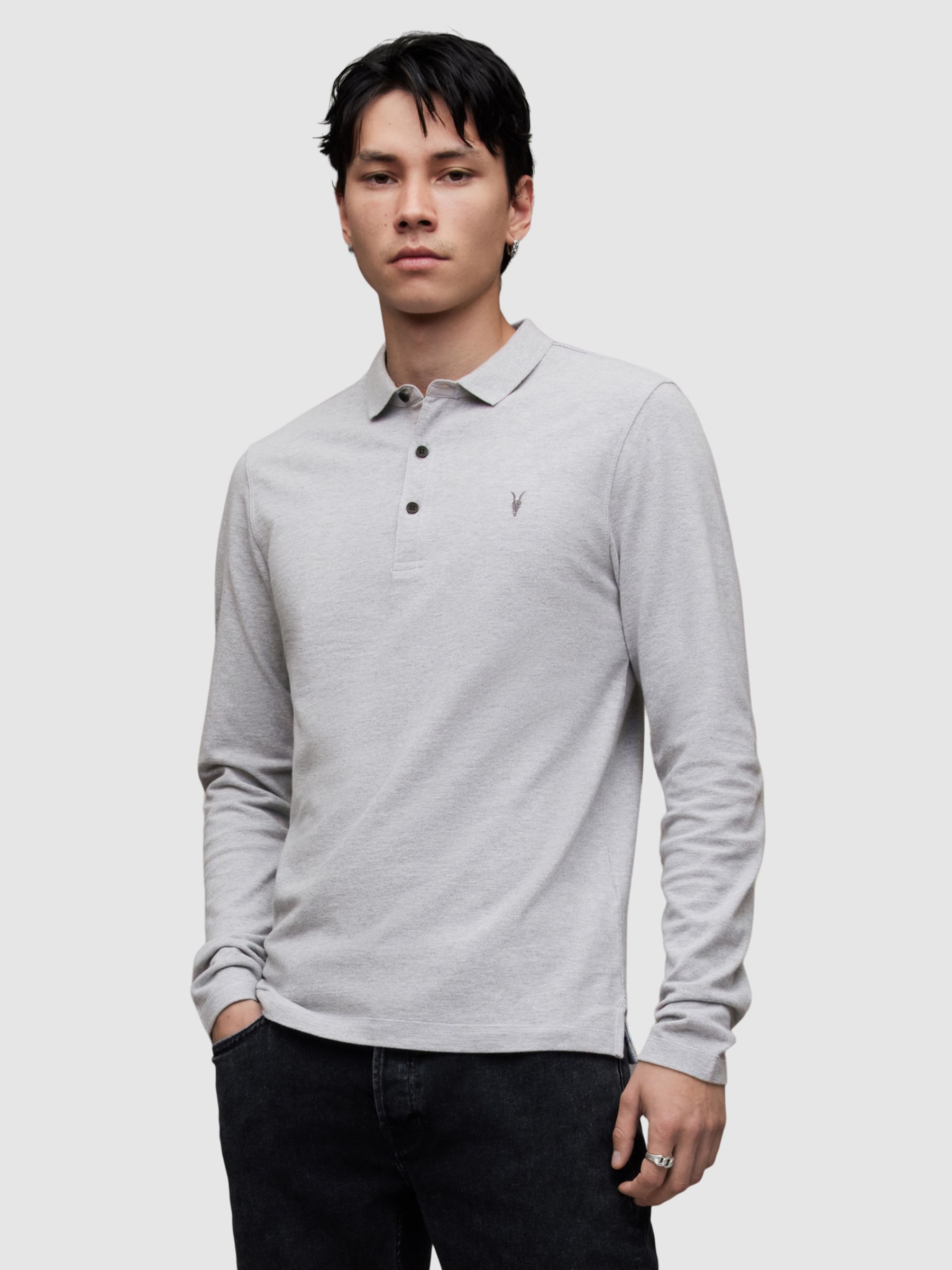AllSaints Reform Long Sleeve Polo Shirt, Grey Marl at John Lewis & Partners