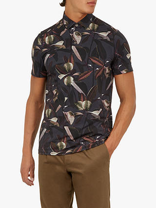 Ted Baker Whitmice Floral Print Polo Shirt, Charcoal