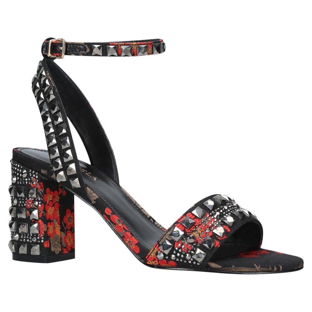 Carvela Gill Floral Print Studded Block Heel Sandals, Black/Red