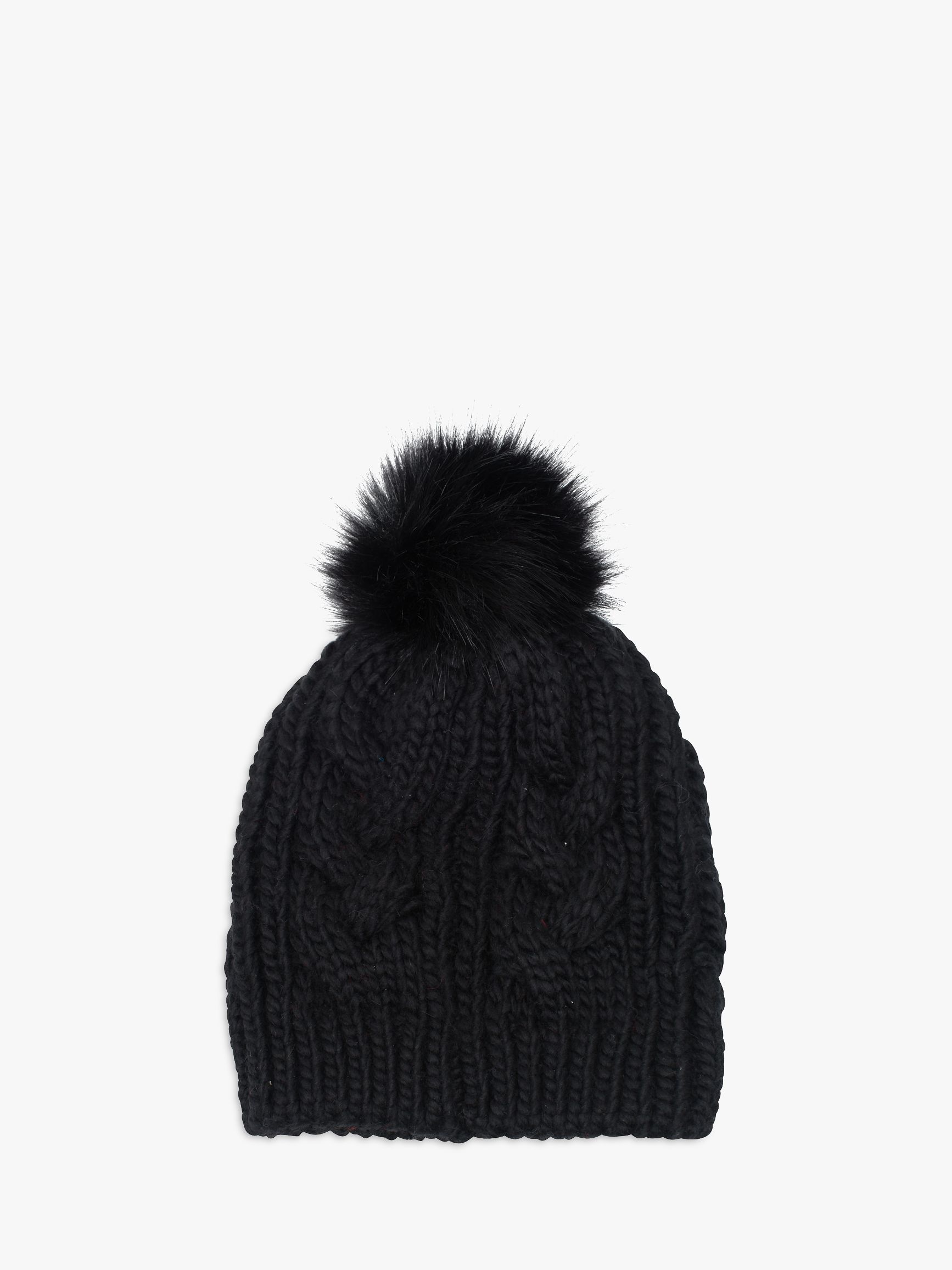 French Connection Cable Knit Faux Fur Pom Pom Beanie Hat, Black at John ...