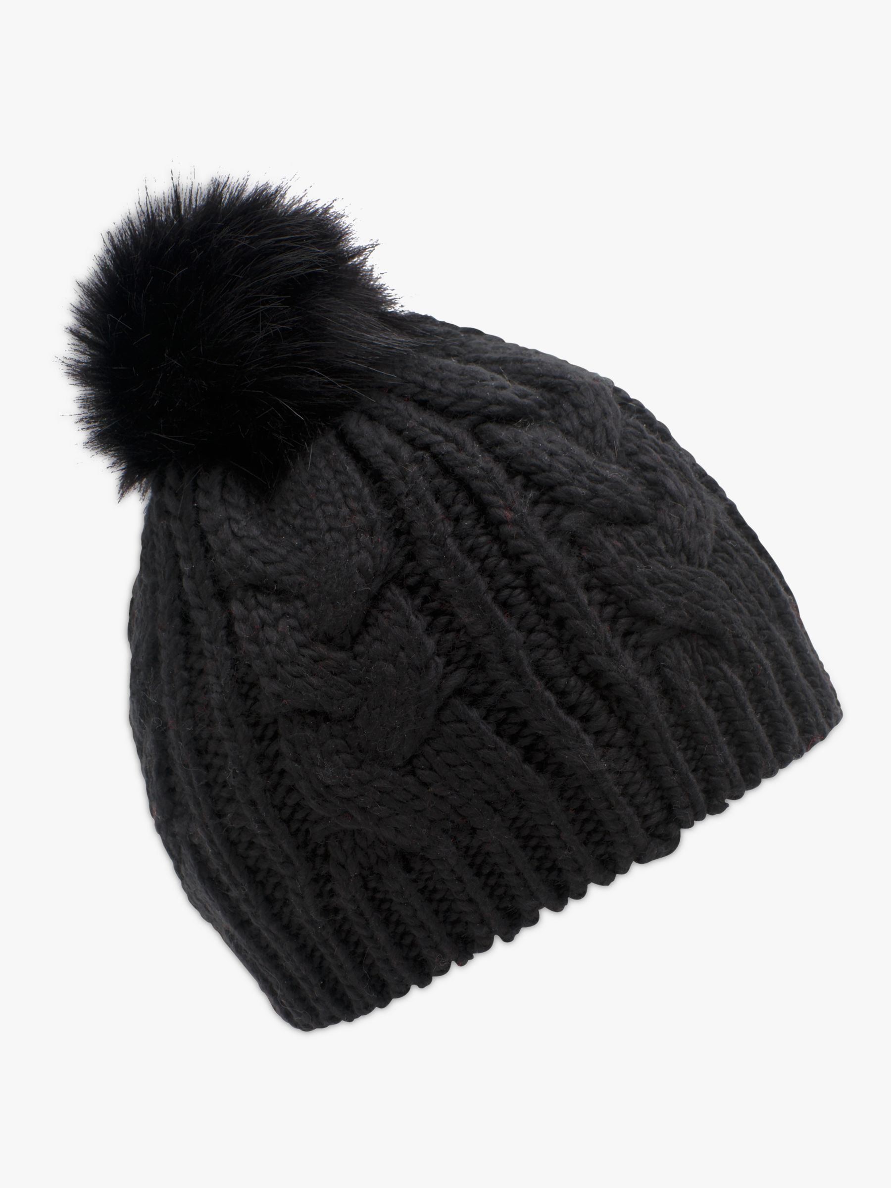 French Connection Cable Knit Faux Fur Pom Pom Beanie Hat, Black at John ...