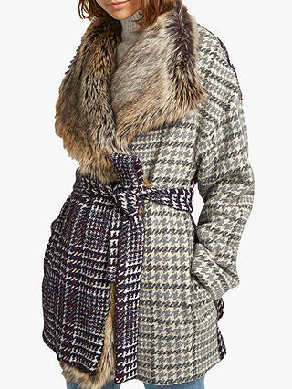 French Connection Irene Check Faux Fur Collar Coat, Multi