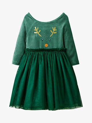 Mini Boden Girls' Velvet Reindeer Dress, Drake Green