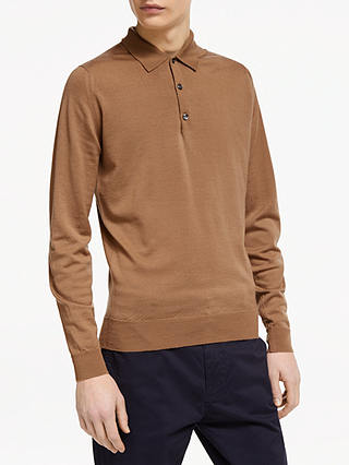 John Smedley Belper Long Sleeve Wool Polo Shirt, Brown
