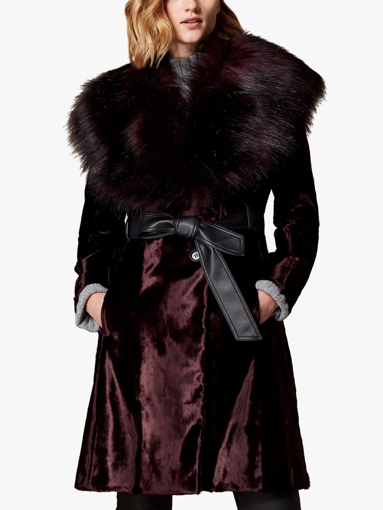 Karen Millen Belted Faux Fur Collar Coat, Burgundy