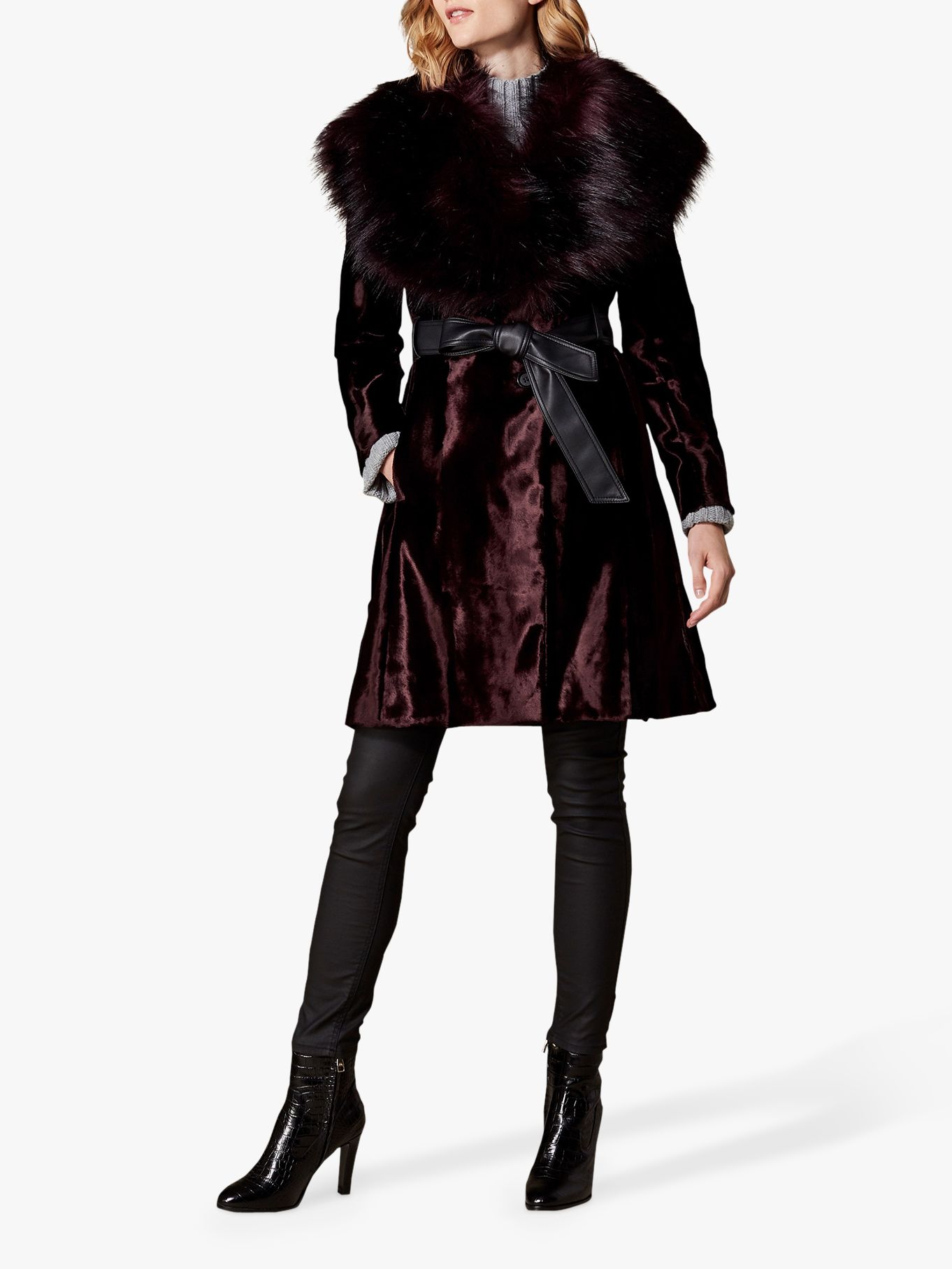Karen Millen Belted Faux Fur Collar Coat, Burgundy