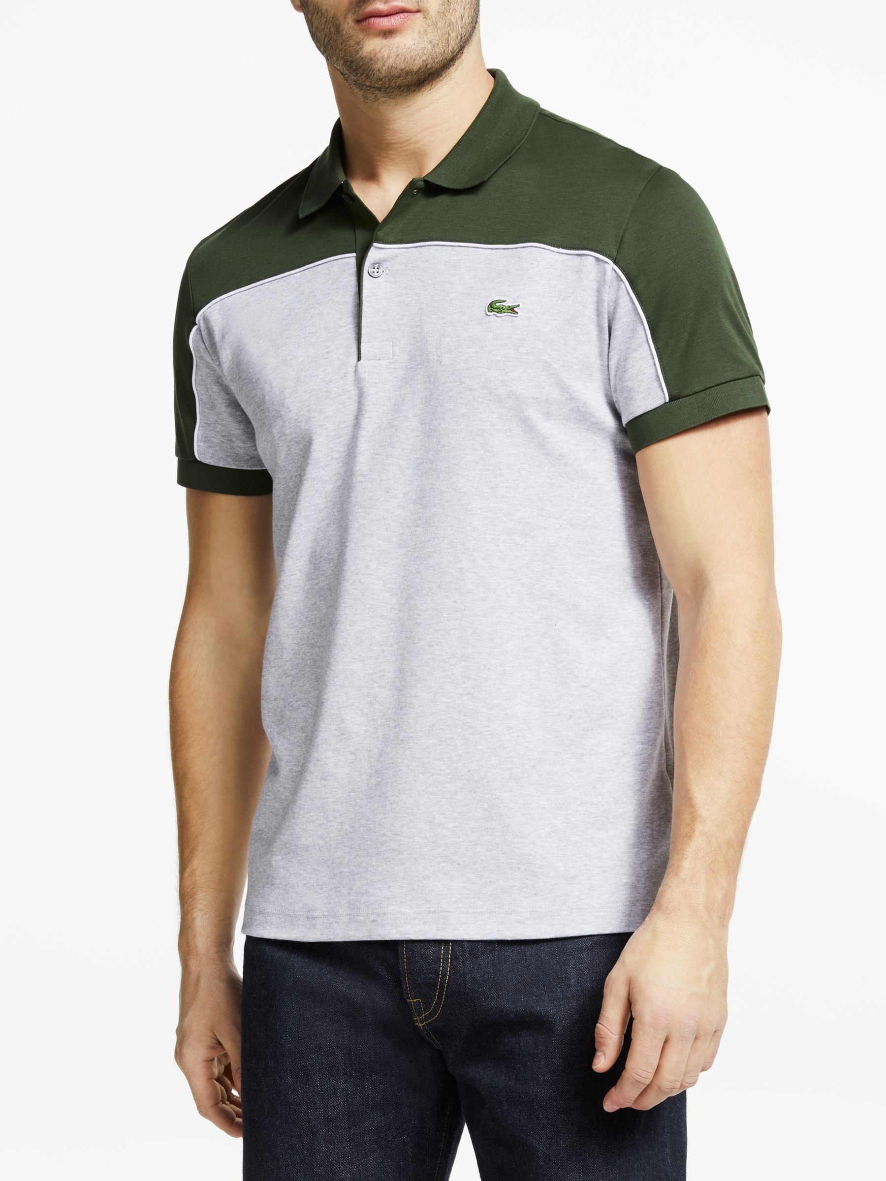 Lacoste Regular Fit Piped Colour Block Cotton Polo Shirt, Khaki/Grey at ...