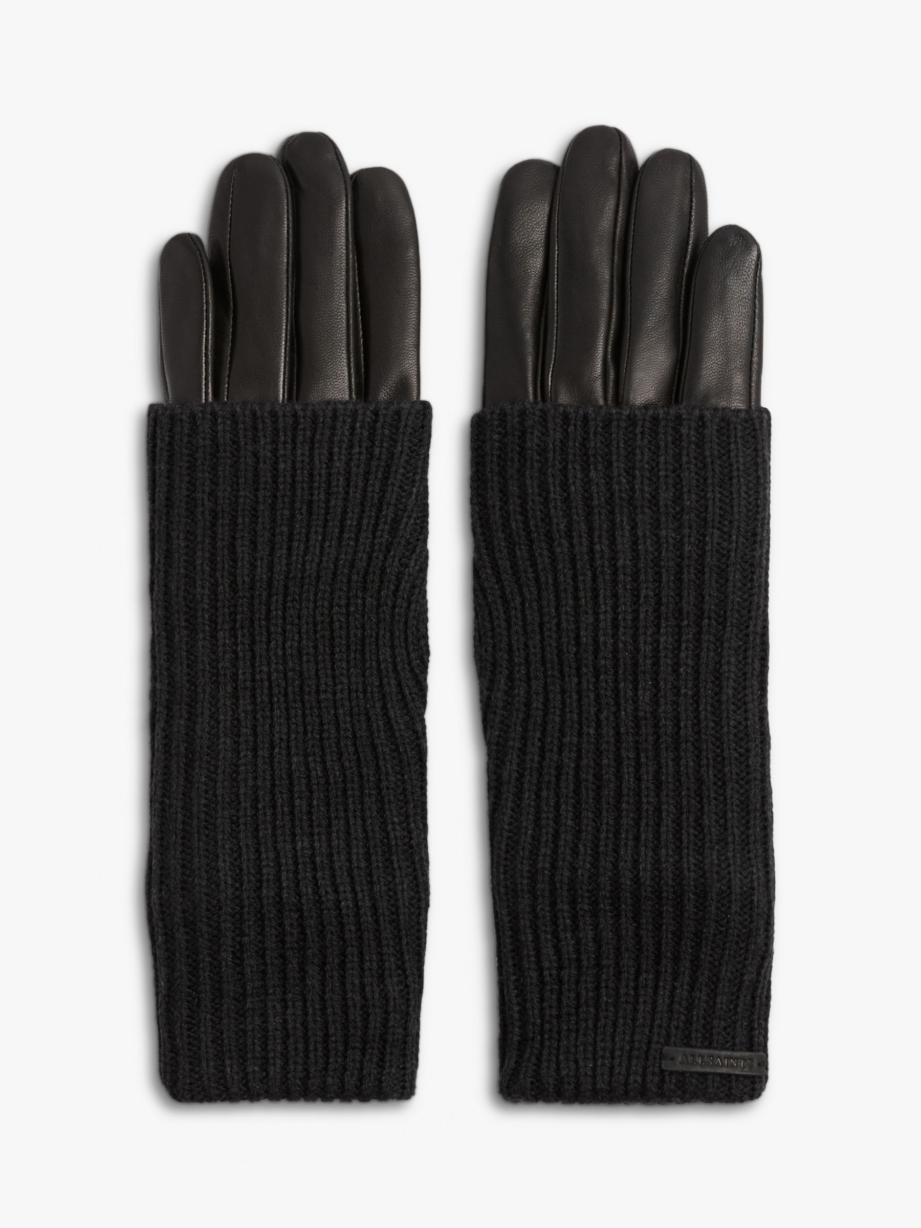 AllSaints Knit Cuff Leather Gloves, Black at John Lewis & Partners