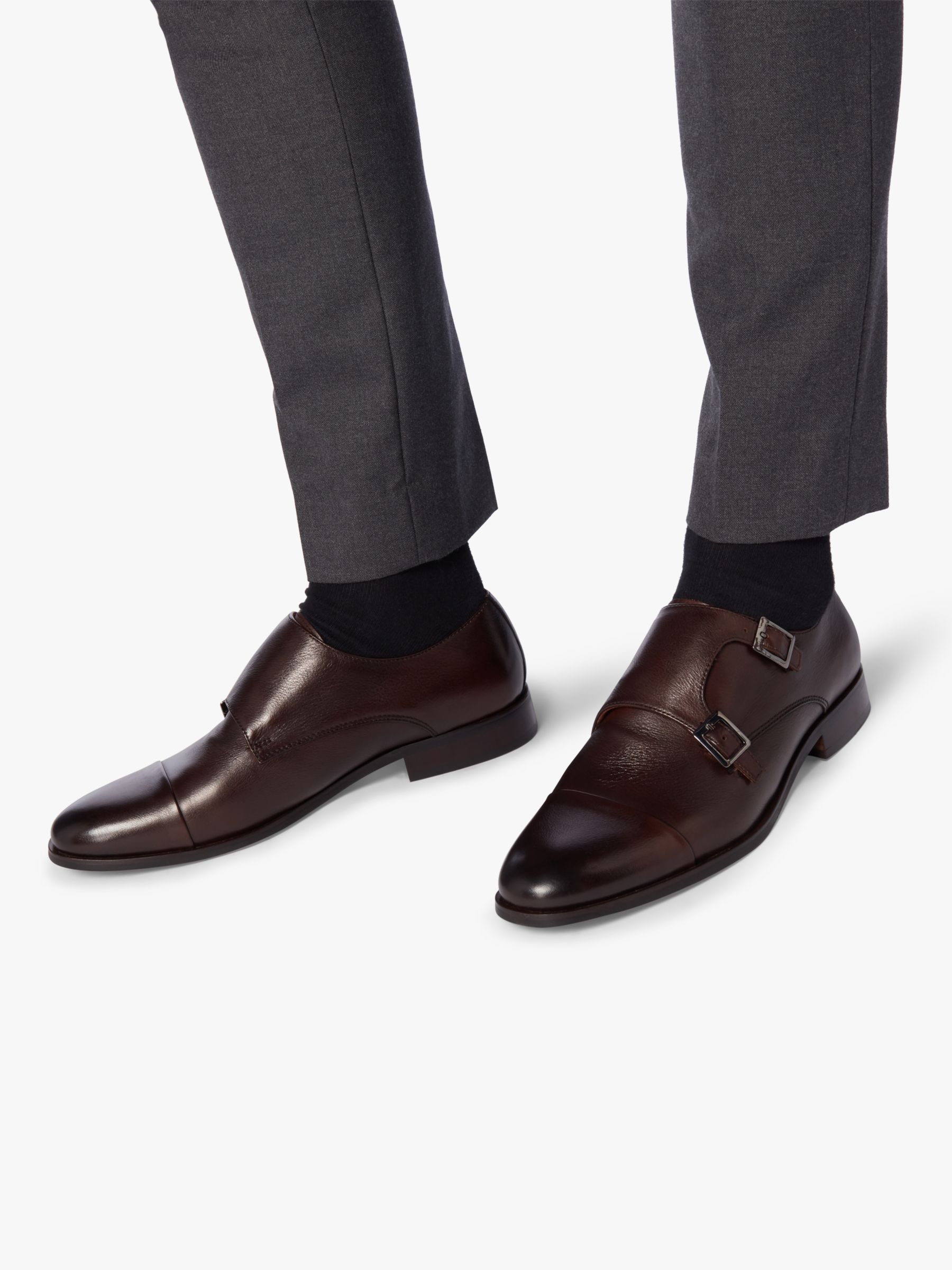 Dune Prise Leather Double Strap Monk Shoes, Brown at John Lewis & Partners