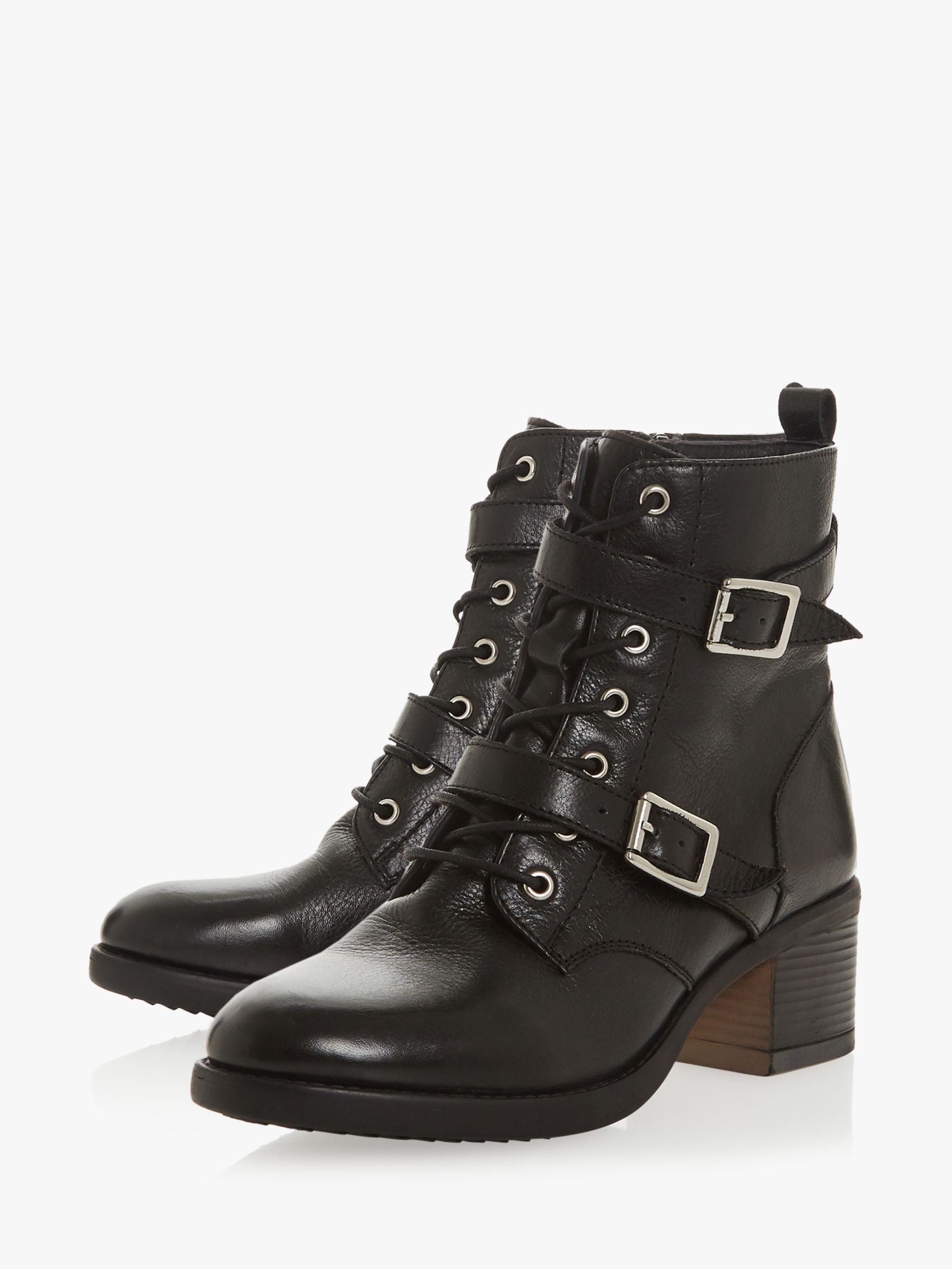 Dune Paxtone Buckle Lace Ankle Boots, Black Leather