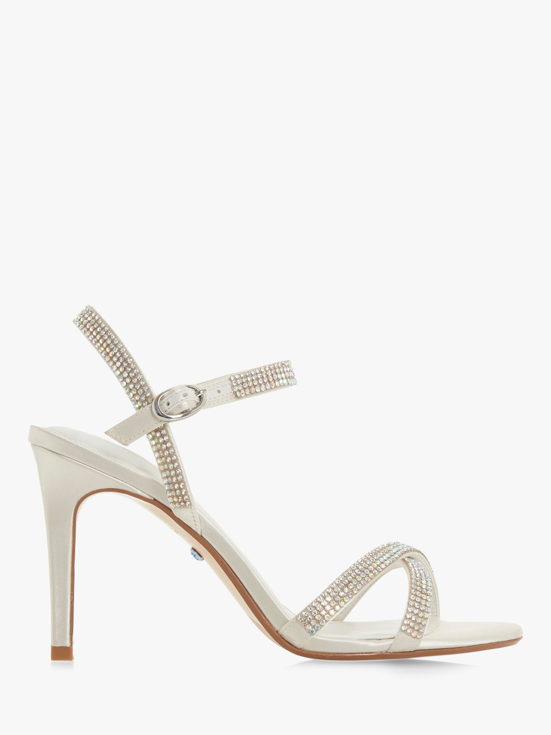 Dune Magikal Diamante Cross Front Stiletto Heel Sandals, Ivory Satin at ...