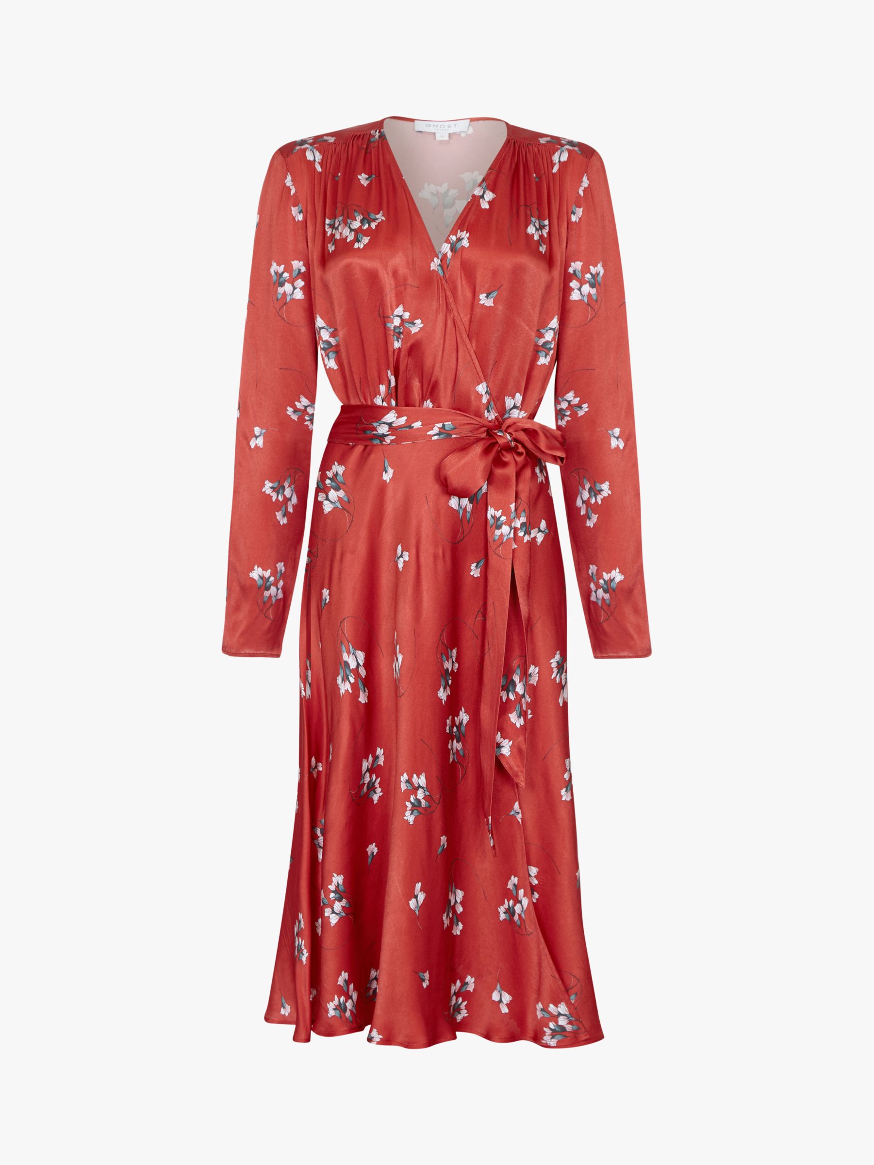 Ghost Orla Satin Dress, Red/Falling Botanics